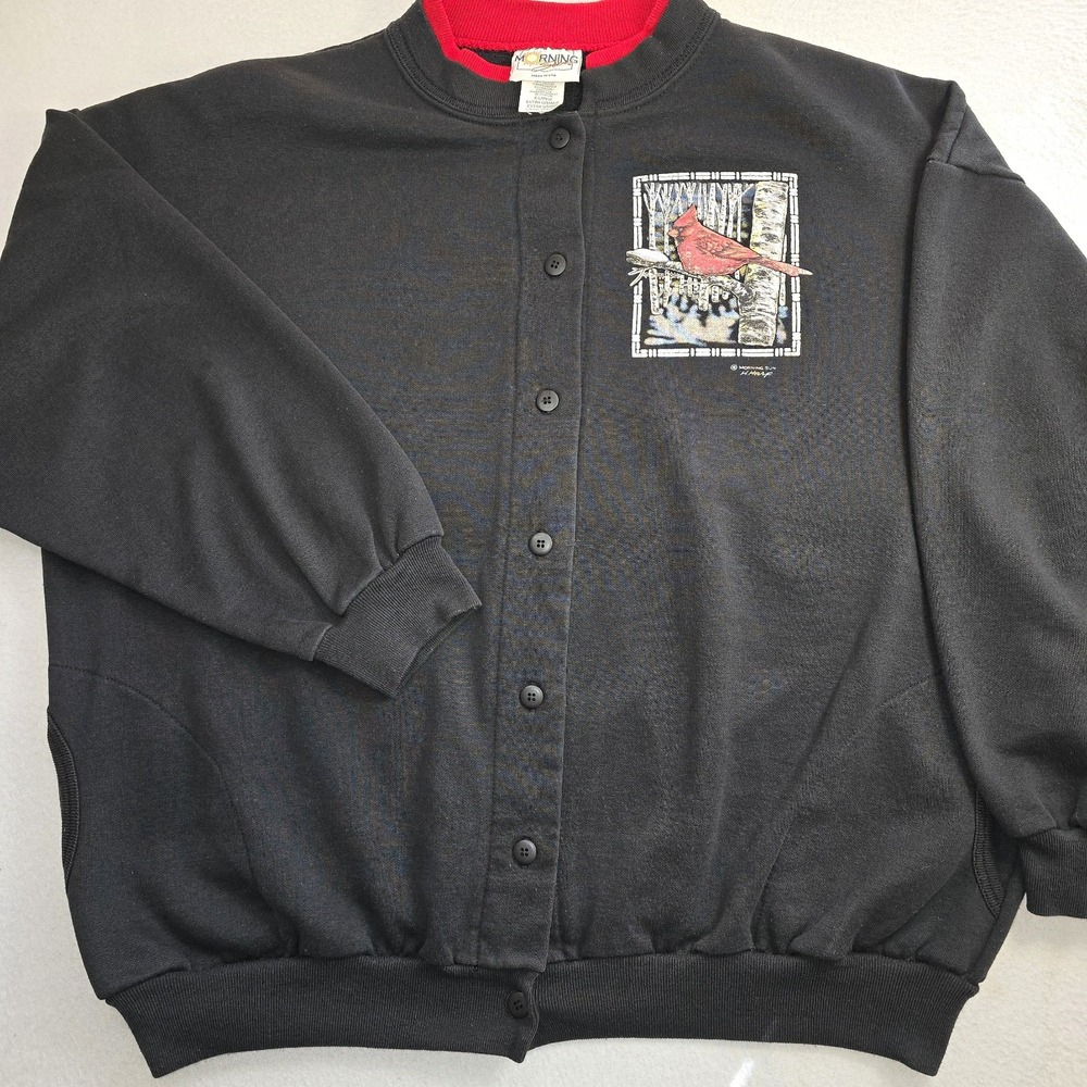 Vtg 90s Morning Sun Cardinal Cardigan Sweatshirt XL Double Collar Bird Grandma..